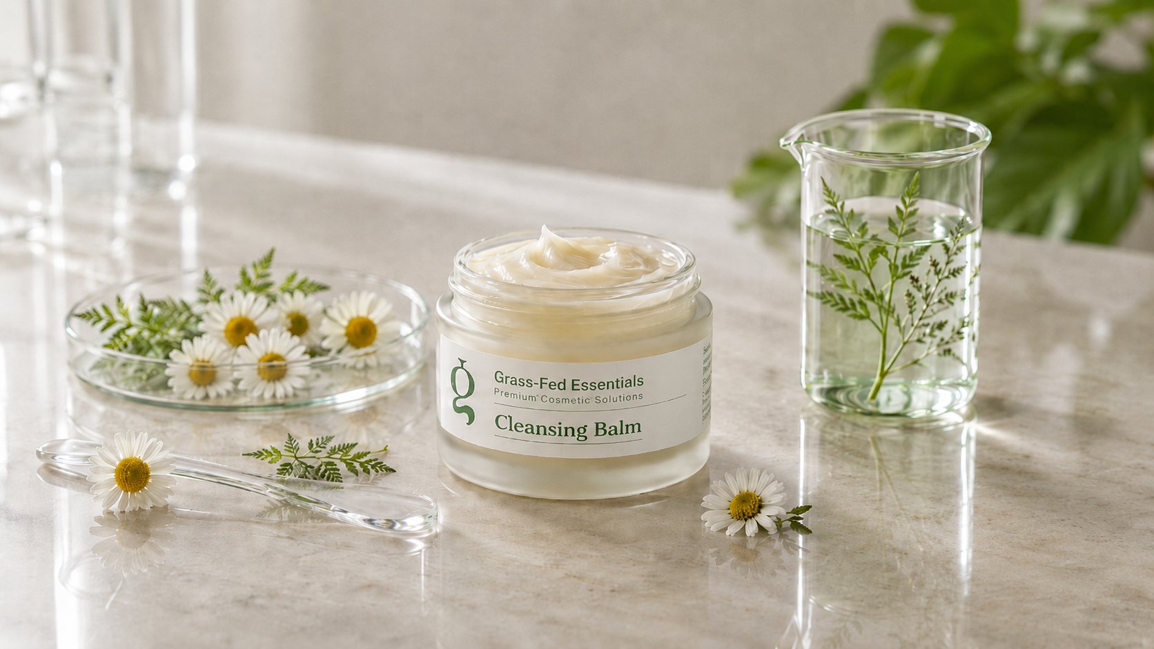 Cleansing balm jar with chamomile flowers