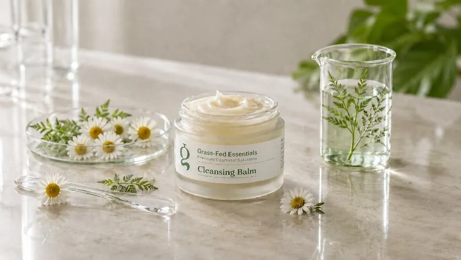 Cleansing balm jar with chamomile flowers