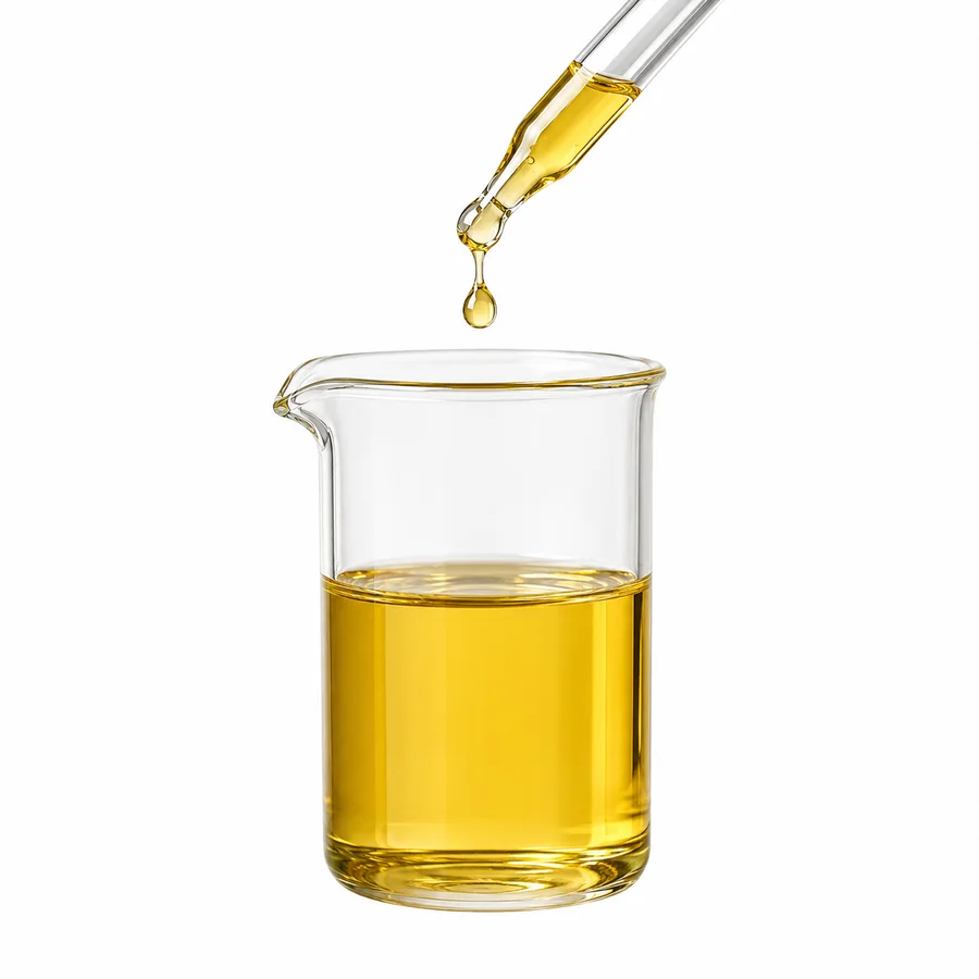 Golden carrier oil dispensed from a glass dropper into a lab beaker
