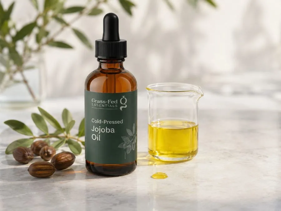 Grass-Fed Essentials cold-pressed jojoba oil with jojoba seeds and a beaker of oil