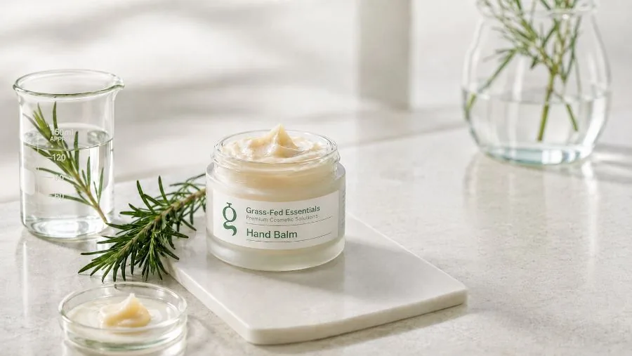 Tallow hand balm jar with rosemary