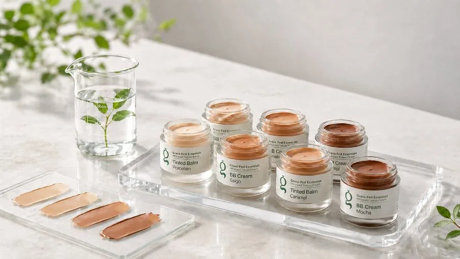 Tinted balm and BB cream shade range in glass jars