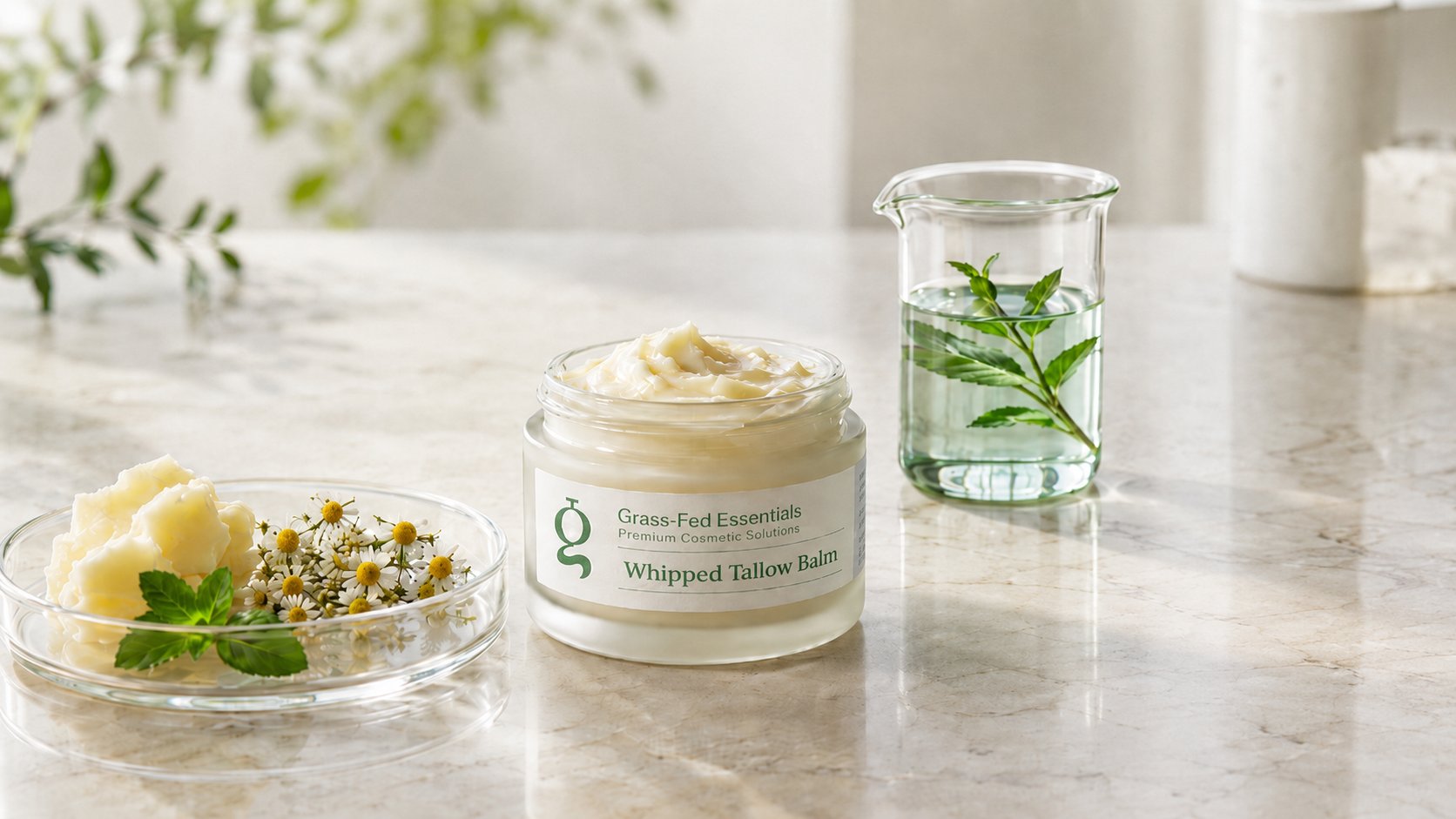 Whipped tallow balm in an open glass jar with chamomile